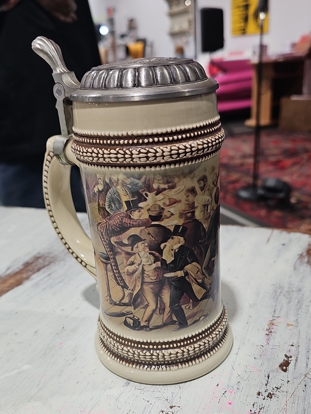 Ceramic Beer Stein with Pewter Lid - Cream Vintage-Style